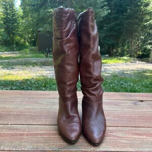 Vintage 90s Santana Canada Brown Leather Knee High Boots 7.5 Wool Lined Tassel